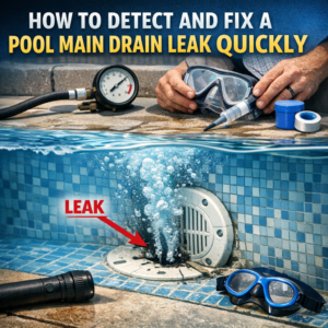 Tools and equipment laid out on a wooden surface for detecting and fixing a pool main drain leak.