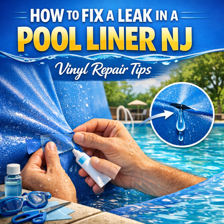 Close-up of hands repairing a hole in a blue vinyl pool liner with adhesive tape.