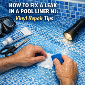 Step-by-step guide showing tools and materials to fix a leak in a vinyl pool liner.