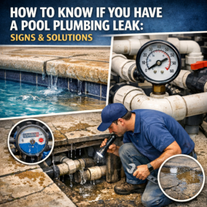 Diagram showing common signs of pool plumbing leaks and steps for detection and repair.