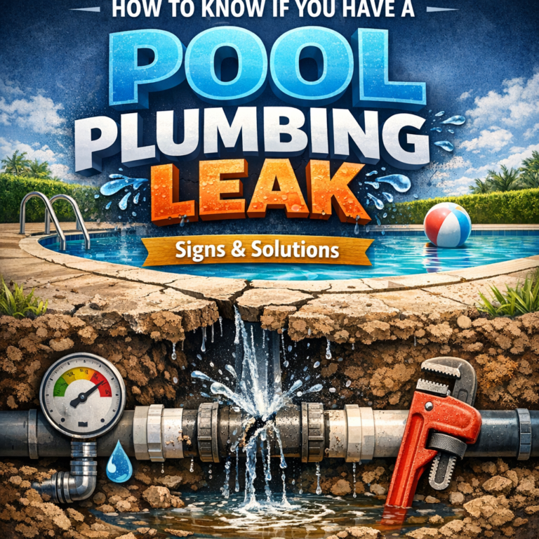 Diagram showing signs of pool plumbing leaks and steps to identify and fix them.