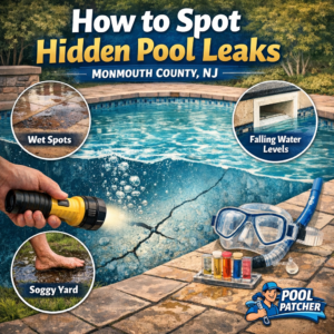Diagram showing signs of hidden pool leaks: wet spots, falling water levels, and soggy yard in Monmouth County, NJ.