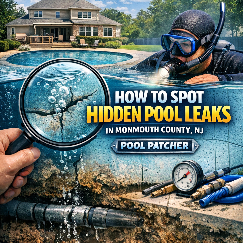 A cracked pool surface leaking water, illustrating signs of hidden pool leaks in Monmouth County, NJ.