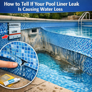 Diagram showing signs of a leaking pool liner with arrows indicating water loss areas.
