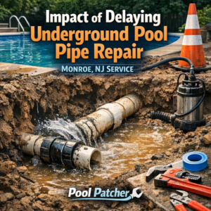 Diagram showing effects of delaying underground pool pipe repairs, including leaks and damage, in Monroe, NJ.
