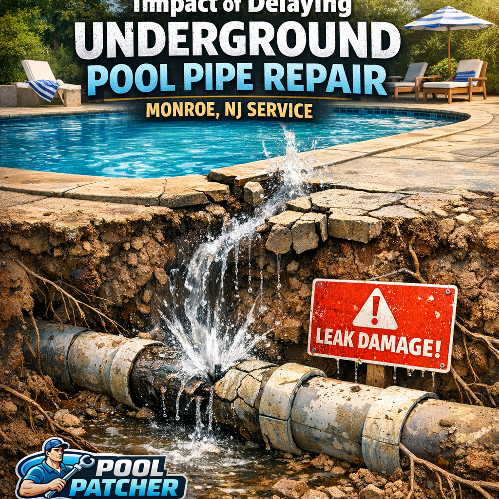 Cross-section showing damaged underground pool pipe leaking water and soil erosion in Monroe, NJ.