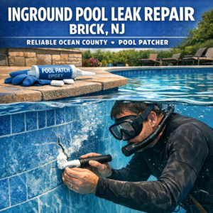 Technician repairing an inground pool leak with professional tools in Brick, NJ backyard.
