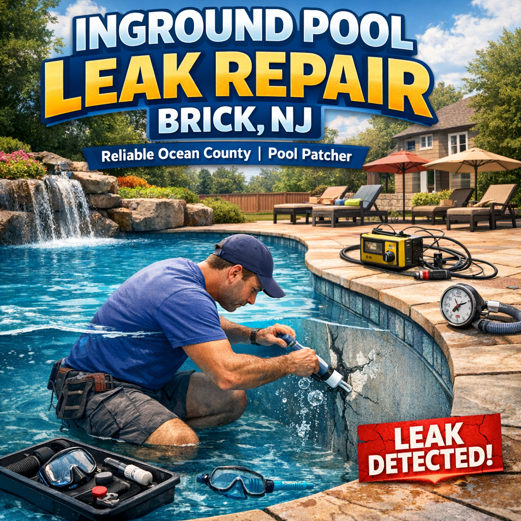 Technician repairing an inground pool leak in Brick, NJ, using specialized equipment near the pool edge.