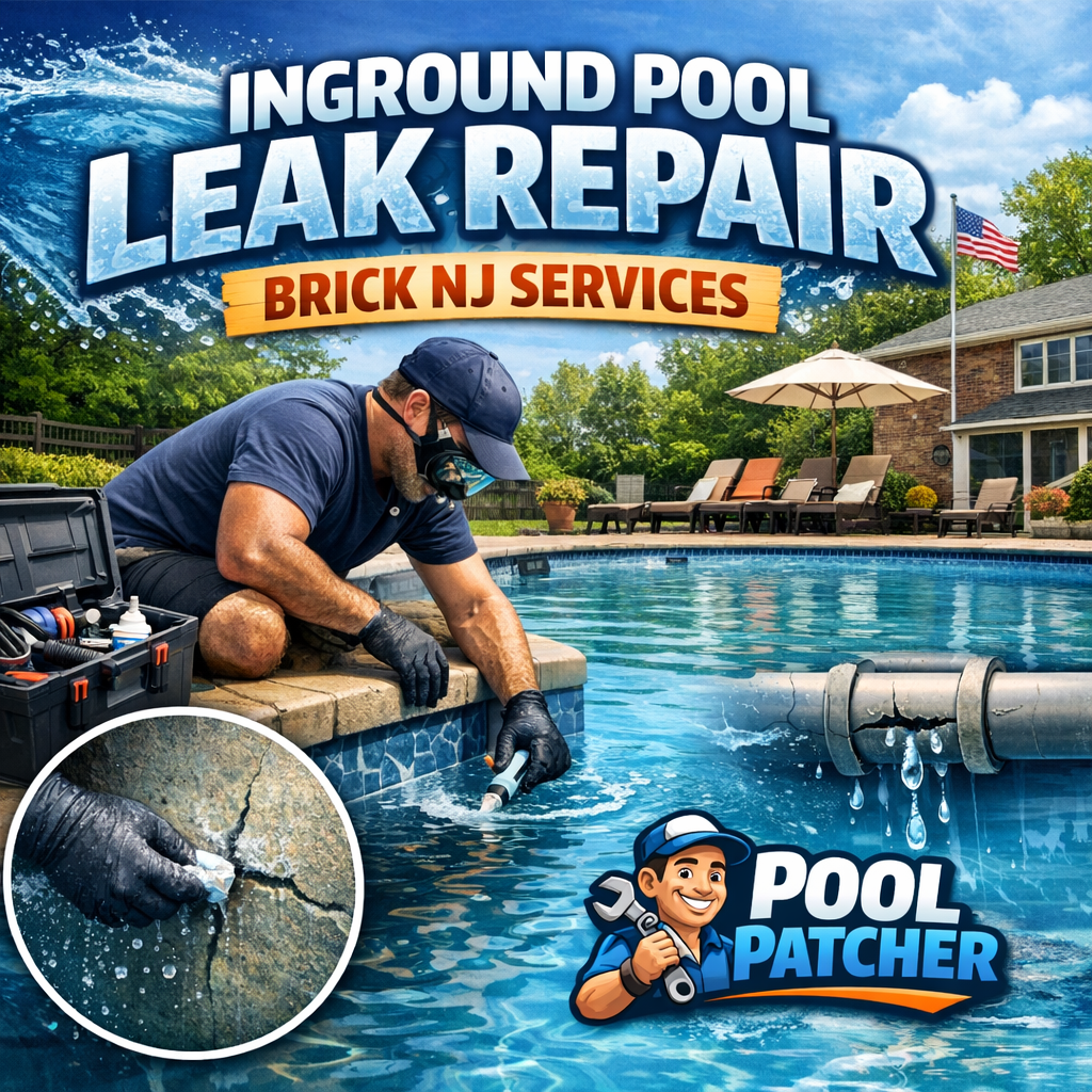 Technician repairing an inground pool leak at a residential home in Brick, NJ.