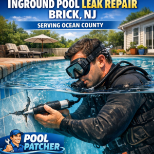 Technician repairing an inground pool leak with tools by the pool in Brick, NJ.