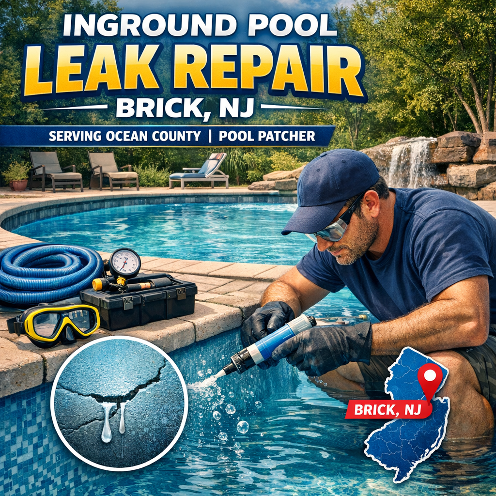 Technician repairing an inground pool leak outdoors with tools in Brick, NJ, serving Ocean County.