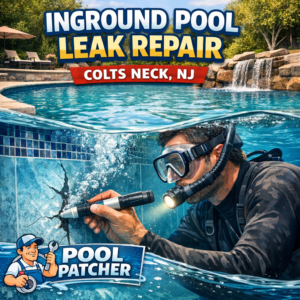 Technician repairing an inground pool leak with specialized tools in Colts Neck, NJ.