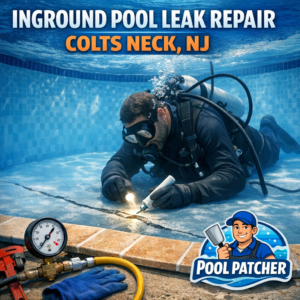 Technician repairing an inground pool leak with equipment at a residential backyard pool in Colts Neck, NJ.