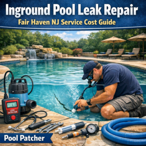 Diagram showing inground pool leak repair steps and cost guide for Fair Haven, NJ with professional patching service.