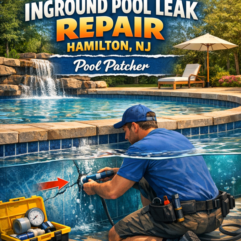 Technician repairing an inground pool leak with specialized equipment in a residential backyard in Hamilton, NJ.