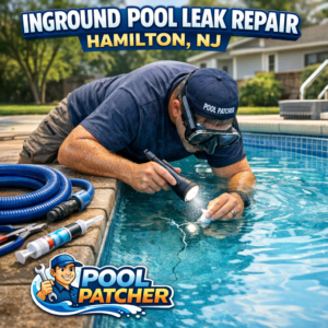 Technician repairing an inground pool leak in Hamilton, NJ with specialized tools for pool patching.