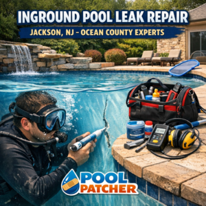 Technician repairing an inground pool leak with specialized equipment in Jackson, NJ.