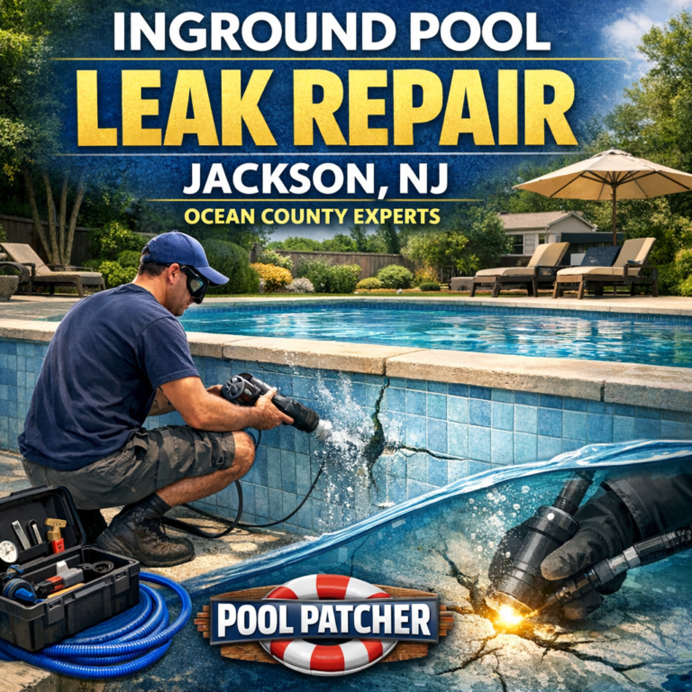 Technician repairing an inground pool leak with specialized equipment in Jackson, NJ.