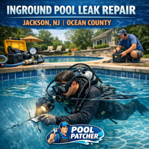 Technician repairing an inground pool leak with professional tools in Jackson, NJ.