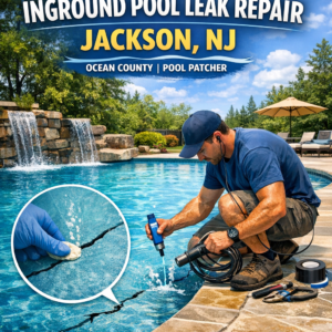 Technician repairing an inground pool leak with specialized equipment in Jackson, NJ.
