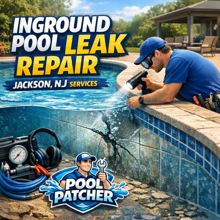 Technician repairing an inground pool leak using specialized equipment in Jackson, NJ.