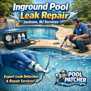 Technician repairing an inground pool leak using specialized leak detection equipment in Jackson, NJ.
