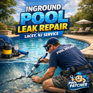 Technician repairing an inground pool leak with specialized equipment in Lacey, NJ.