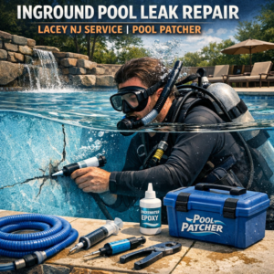 Technician repairing an inground pool leak in Lacey, NJ using specialized patching tools.