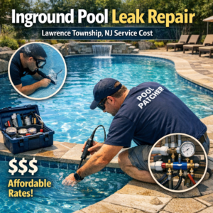 Technician repairing an inground pool leak in Lawrence Township, NJ, ensuring affordable service and durable results.