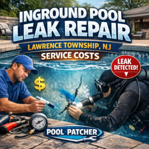 Technicians repairing an inground pool leak with tools, showing repair service in Lawrence Township, NJ.