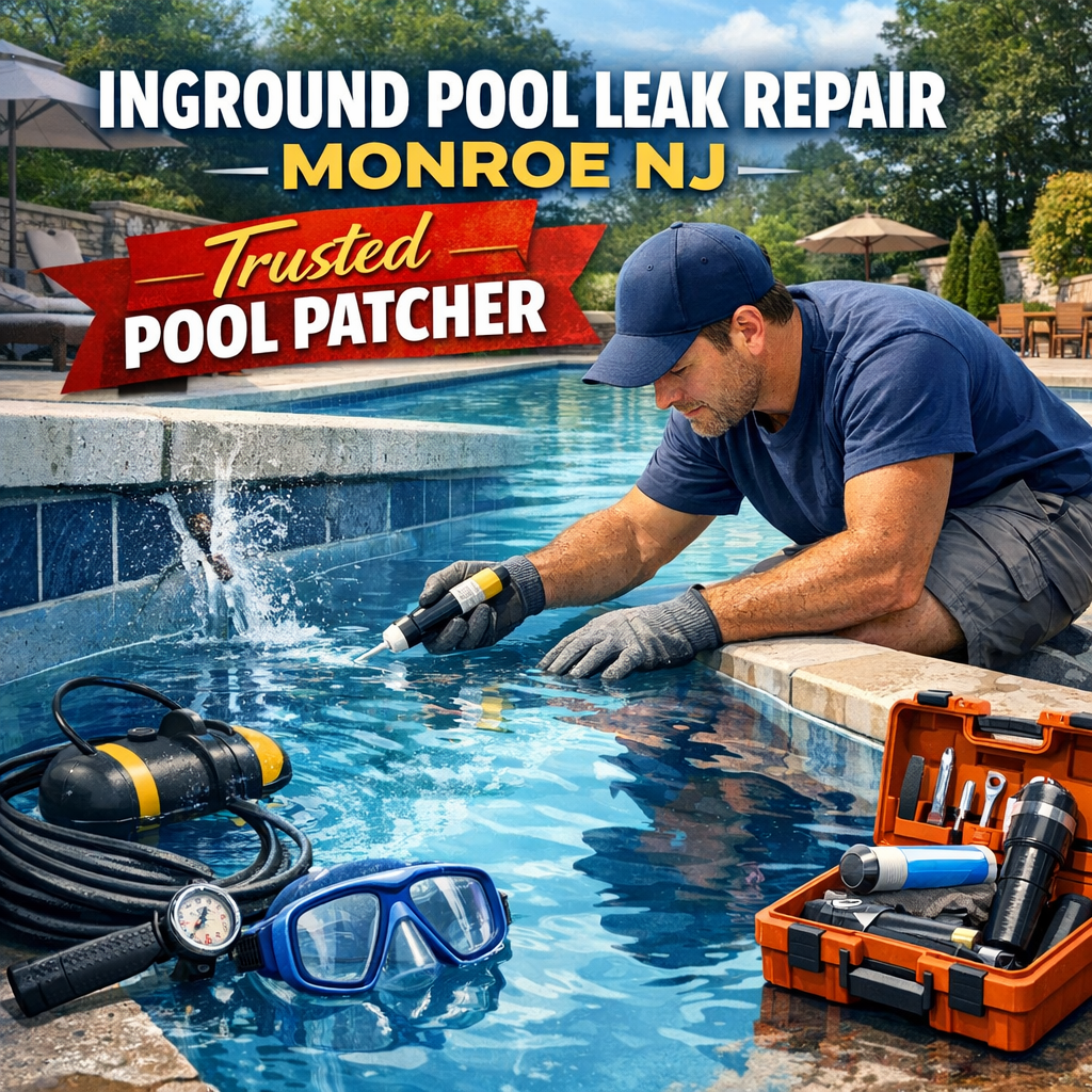 Technician repairing an inground pool leak using specialized equipment in Monroe, NJ.