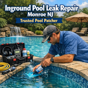 Technician repairing an inground pool leak with specialized equipment in Monroe, NJ.