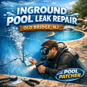 Technician repairing an inground pool leak with equipment at a residential backyard pool in Old Bridge, NJ.