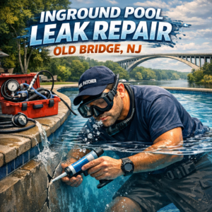 Technician repairing an inground pool leak with professional equipment in Old Bridge, NJ.