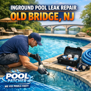 Technician repairing an inground pool leak with tools and equipment in Old Bridge, NJ.