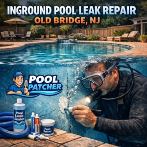 Technician repairing an inground pool leak in Old Bridge, NJ using specialized leak detection tools.