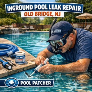 Professional repairing an inground pool leak with specialized tools in Old Bridge, NJ.