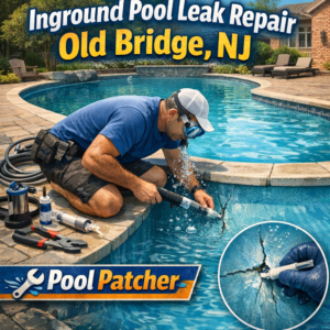 Technician repairing an inground pool leak using specialized equipment in Old Bridge, NJ.