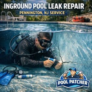 Technician performing inground pool leak repair with specialized equipment in Pennington, NJ.