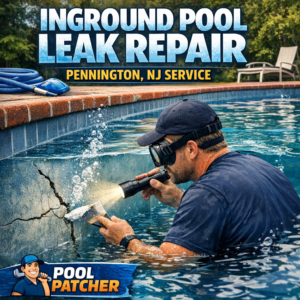 Technician repairing an inground pool leak using specialized equipment in Pennington, NJ.
