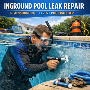 Professional diver repairing an inground pool leak in Plainsboro, NJ.