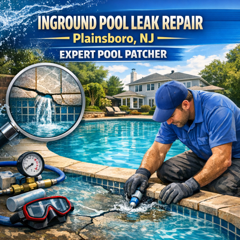 Expert patcher repairing leak in an inground pool in Plainsboro, NJ, using waterproof sealing materials.