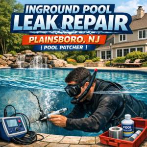 Technician repairing an inground pool leak using specialized equipment in Plainsboro, NJ.