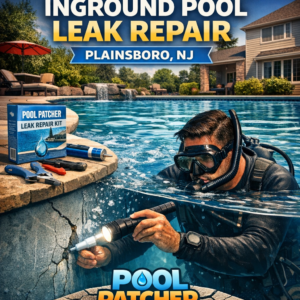Technician repairing an inground pool leak with specialized equipment in Plainsboro, NJ.