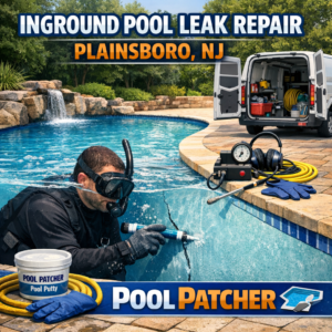 Technician repairing an inground pool leak with equipment in a backyard in Plainsboro, NJ.