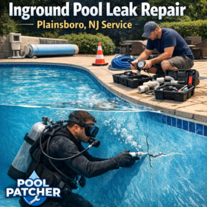 Technician repairing an inground pool leak underwater with specialized equipment in Plainsboro, NJ.