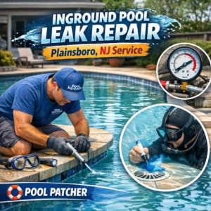 Technician repairing an inground pool leak with specialized equipment in Plainsboro, NJ.