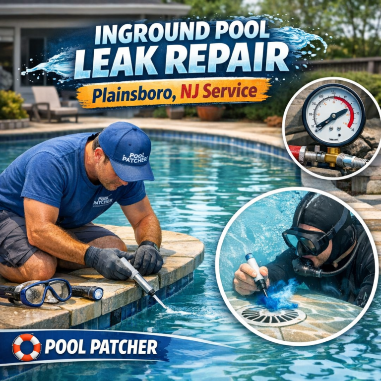 Technician repairing an inground pool leak with specialized equipment in Plainsboro, NJ.