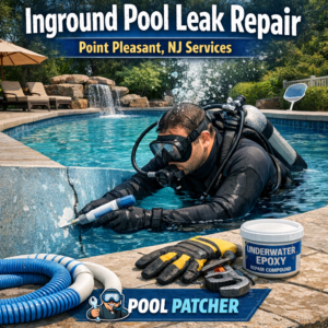 Technician applying underwater epoxy to repair an inground pool leak in Point Pleasant, NJ.