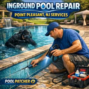 Technician repairing leak in an inground pool in Point Pleasant, NJ, with tools and equipment nearby.